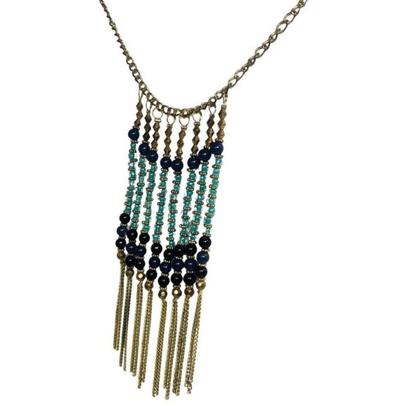 Navy And Light Blue Glass Beaded Dangle Fringe Gold Tone Vintage Necklace 23” - Picture 9 of 11